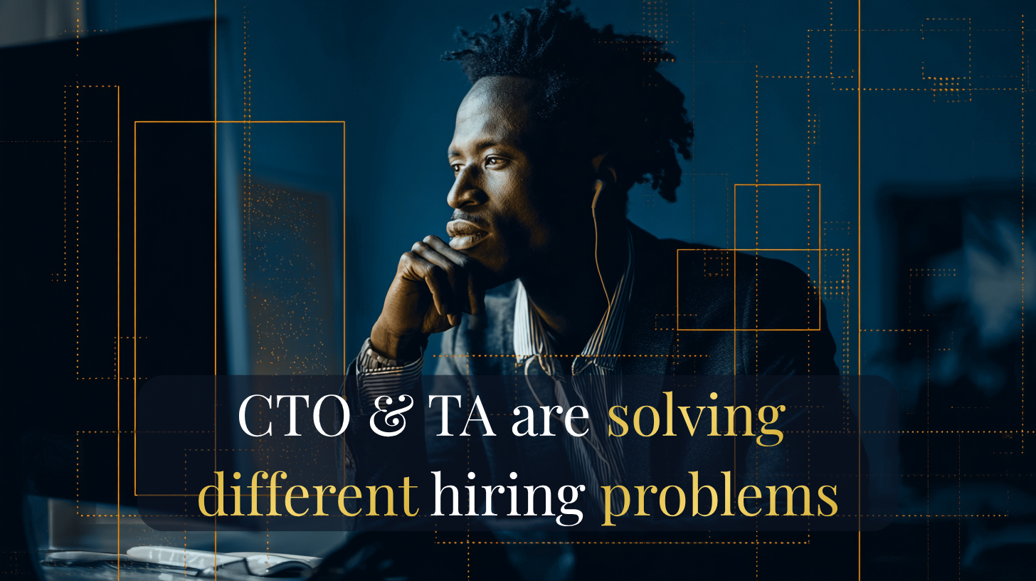 Illustration of a CTO and a talent acquisition leader looking at different hiring briefs
