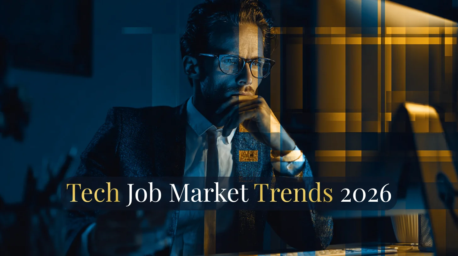 Abstract illustration of a tech professional reviewing job market data charts and skill trends on multiple screens