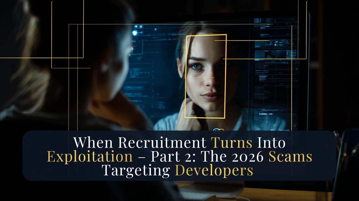 Illustration of developer-targeted recruitment scams using GitHub malware and deepfake interviews in 2026